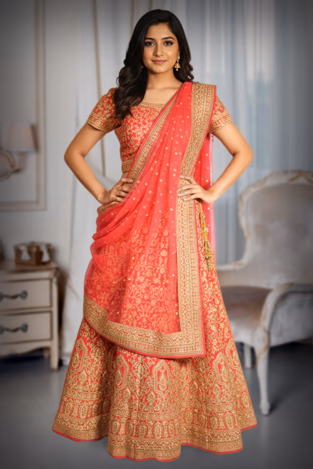 A Bright Coral-Pink Base With Rich Golden Embroidery — back view, rent in Bangalore