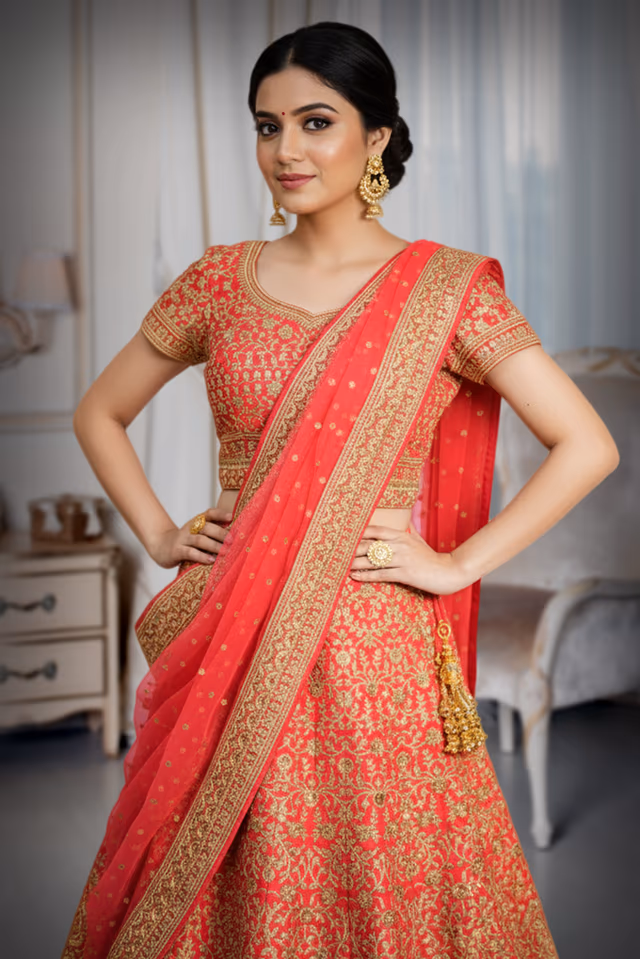 A Bright Coral-Pink Base With Rich Golden Embroidery — rent in Bangalore