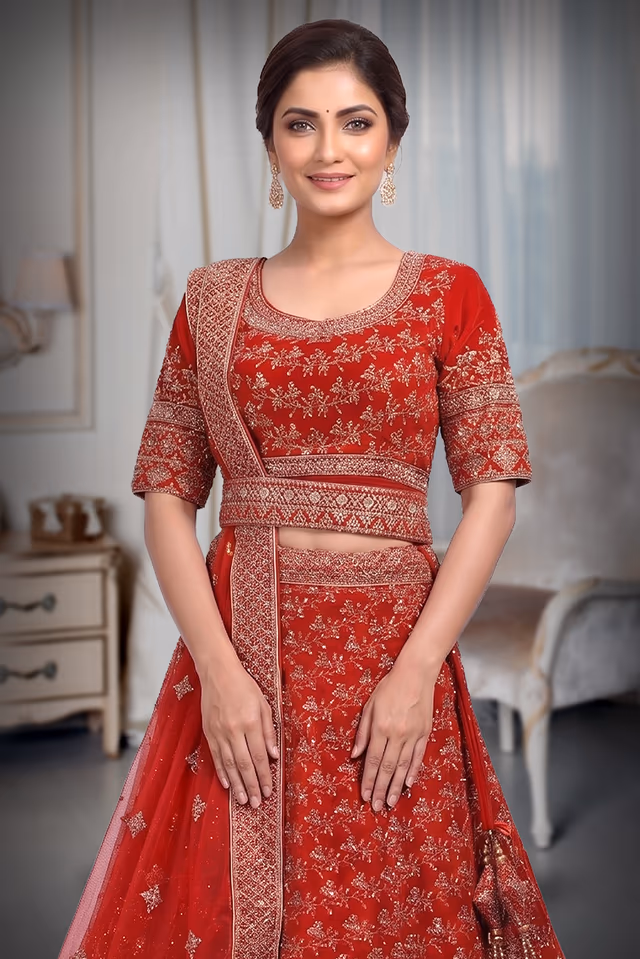 Bright Red Heavy  Threadwork With Golden Stone Worked  Bridal Lehenga With Same Colour Dupatta — rent in Calicut