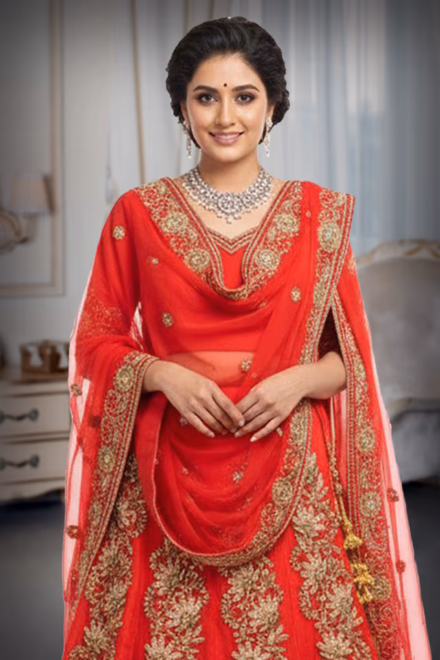 Bright red lehenga with zari and stone work details — rent in Coimbatore