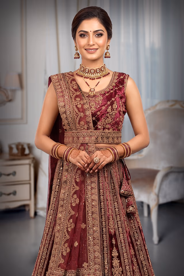 Bright Wine Bridal Lehenga — rent in Bangalore