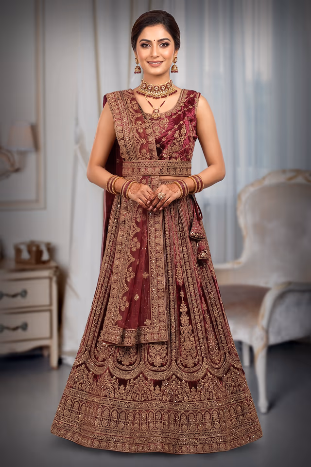 Bright Wine Bridal Lehenga — back view, rent in Bangalore