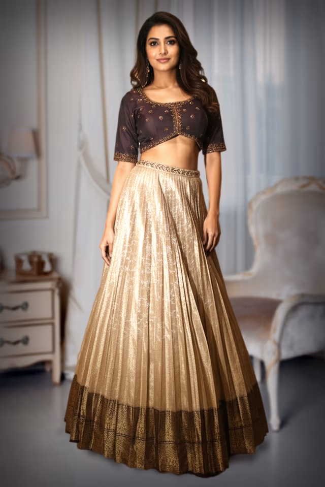 Elegant Brown and Gold Lehenga Set with Intricate Embroidery and Pleated Skirt — back view, rent in Kochi