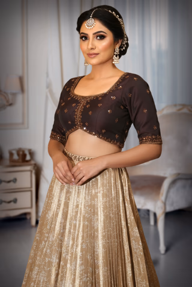 Elegant Brown and Gold Lehenga Set with Intricate Embroidery and Pleated Skirt — rent in Kochi