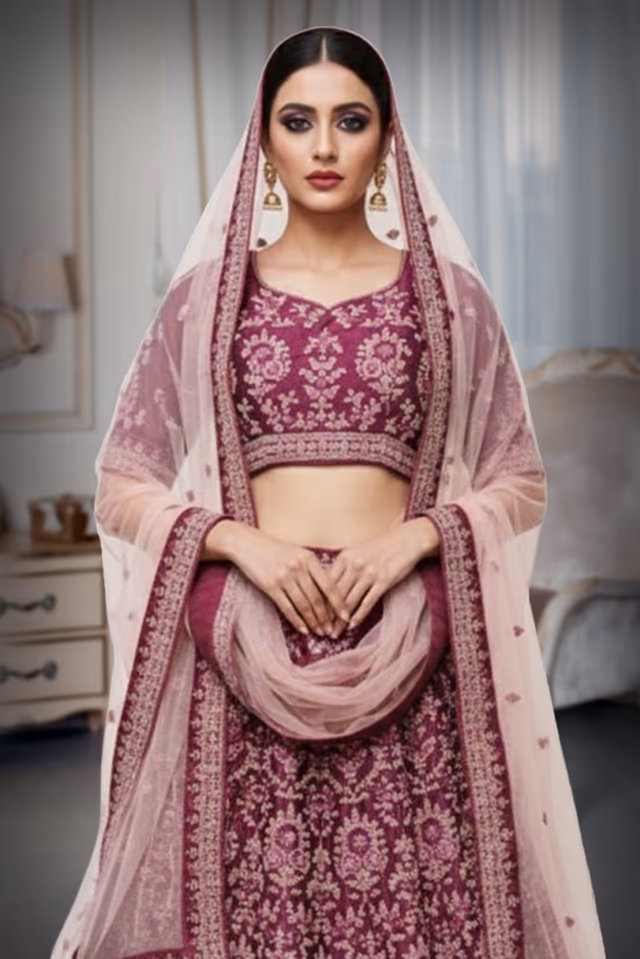 Burgundy Thread and Shimmer Work Outfit with Square Neck Blouse — rent in Bangalore