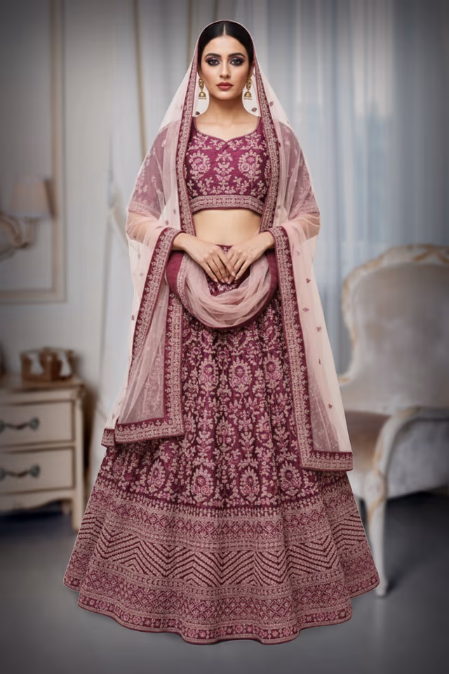Burgundy Thread and Shimmer Work Outfit with Square Neck Blouse — back view, rent in Bangalore