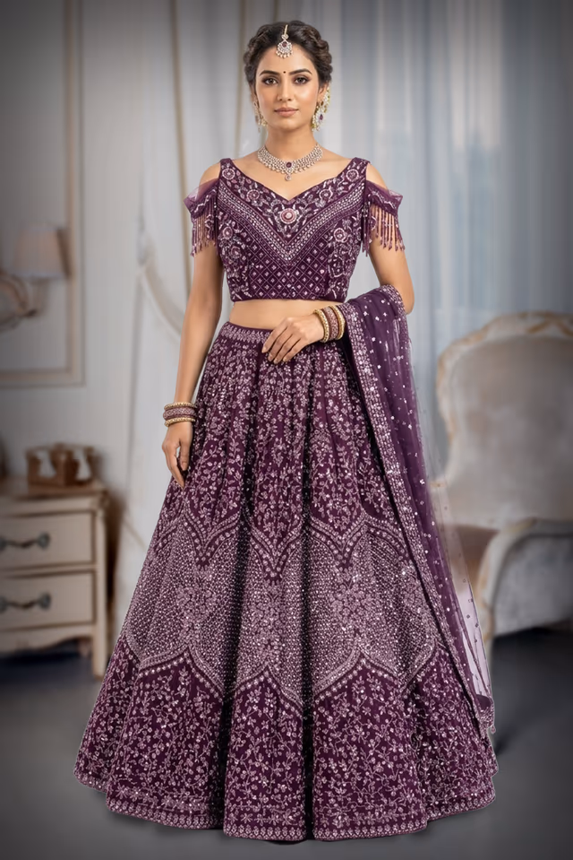 Elegant burgundy V-Neck Heavily Embroidered Sequin Party Gown — back view, rent in Bangalore