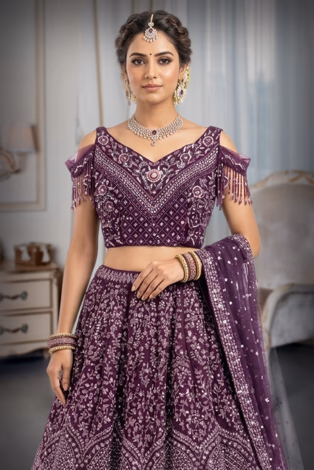 Elegant burgundy V-Neck Heavily Embroidered Sequin Party Gown — rent in Bangalore