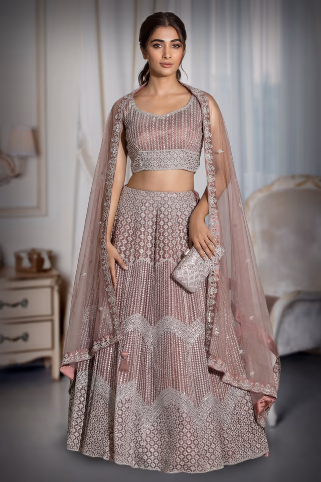 Burnt Mauve Heavy Stone Worked Bridal Lehenga — back view, rent in Kochi