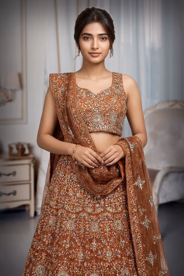 Burnt Orange Heavy Embellished Lehenga With Mirror Work And Stone Work Detailing — rent in Kochi
