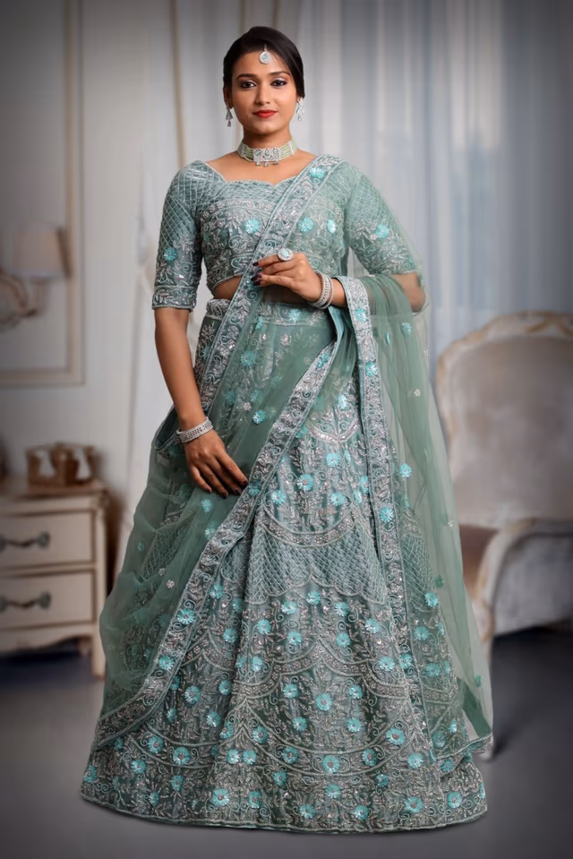 Cadet blue sequins & beads work lehenga — back view, rent in Coimbatore