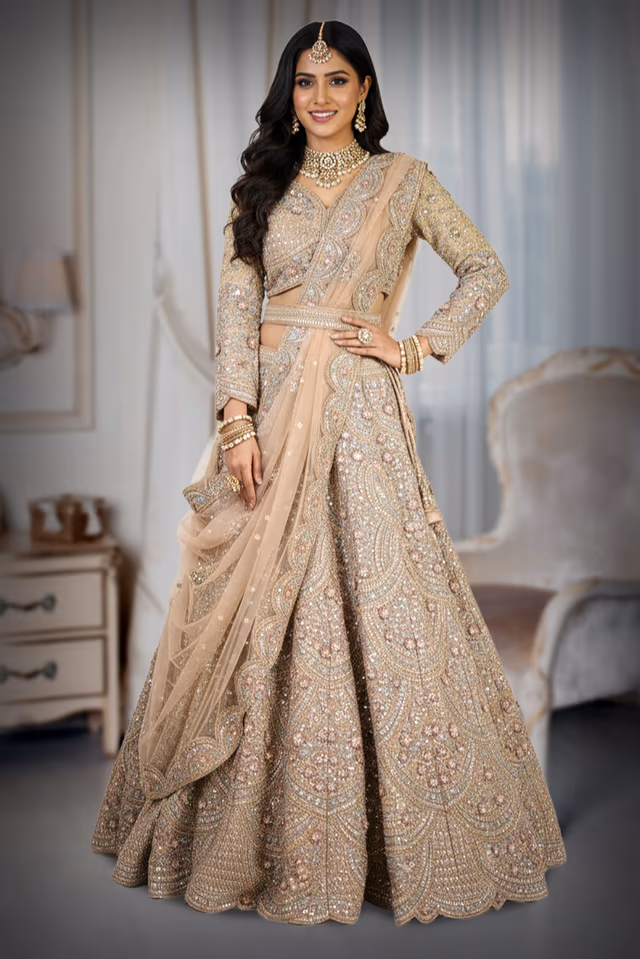 Carmel embrodary lehenga — back view, rent in Bangalore