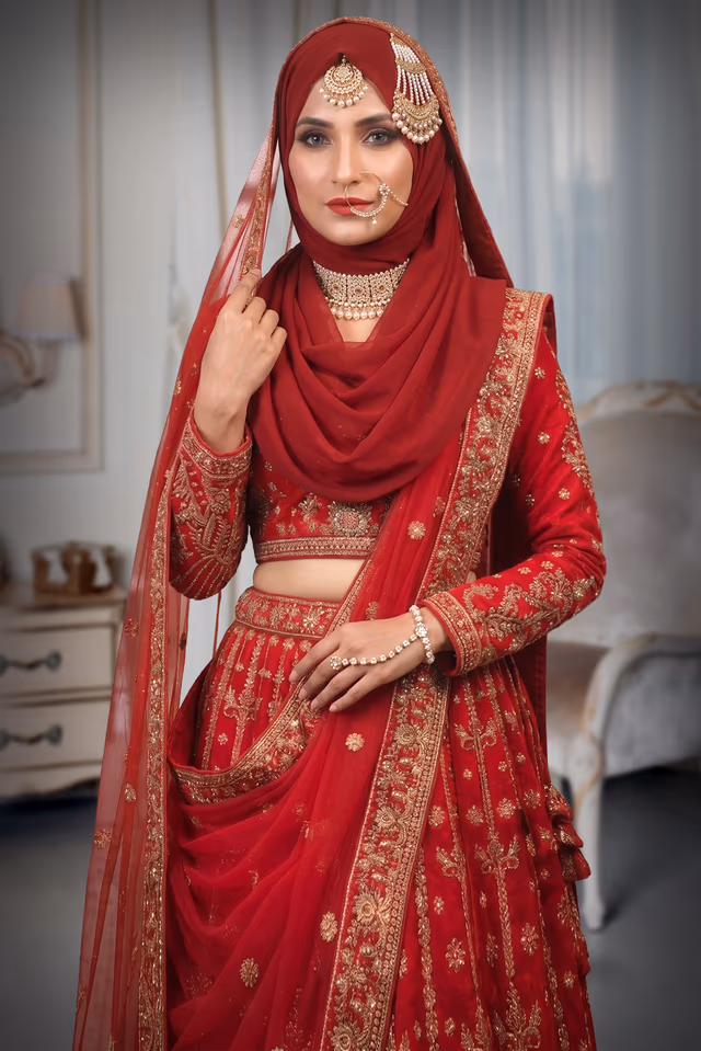 Carmine Red Heavy Embellished Bridal Lehenga With Golden Stone Details On Skirt , Crop Top And Dupatta — rent in Calicut