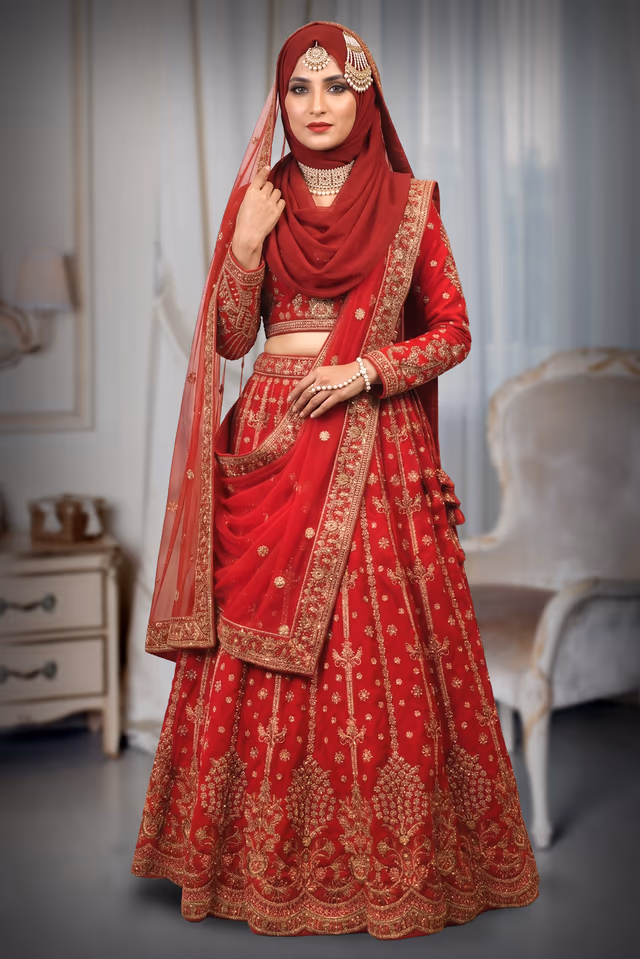 Carmine Red Heavy Embellished Bridal Lehenga With Golden Stone Details On Skirt , Crop Top And… — back view, rent in Calicut