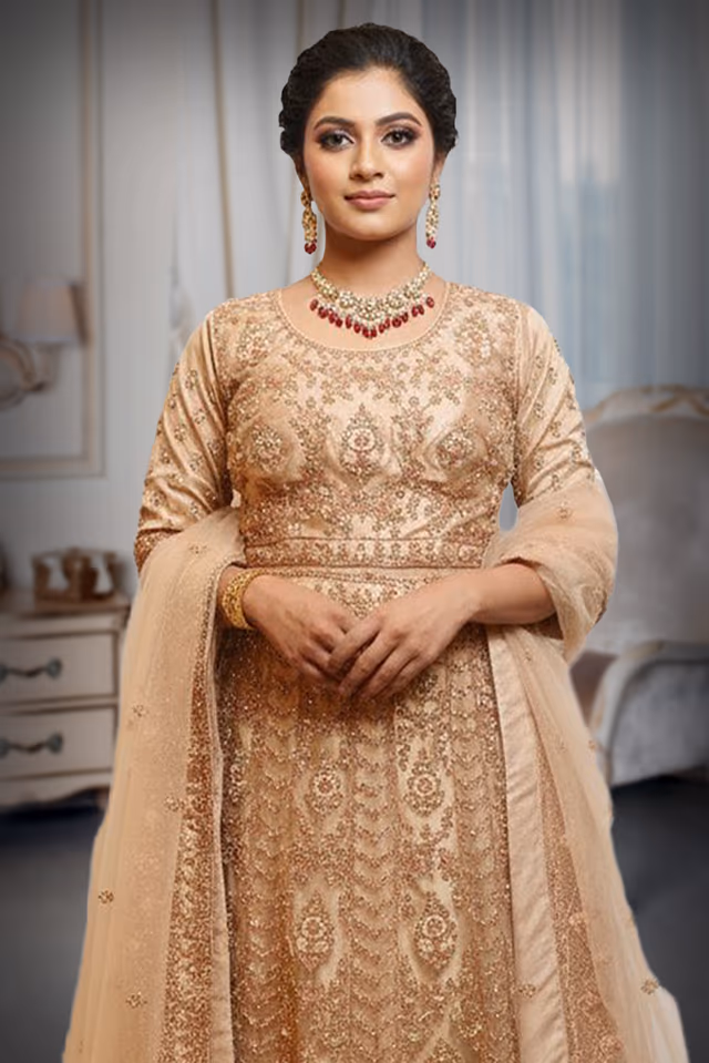 Champagne Gold Lehenga Choli with Heavily Embellished Zari and Beadwork — rent in Kochi