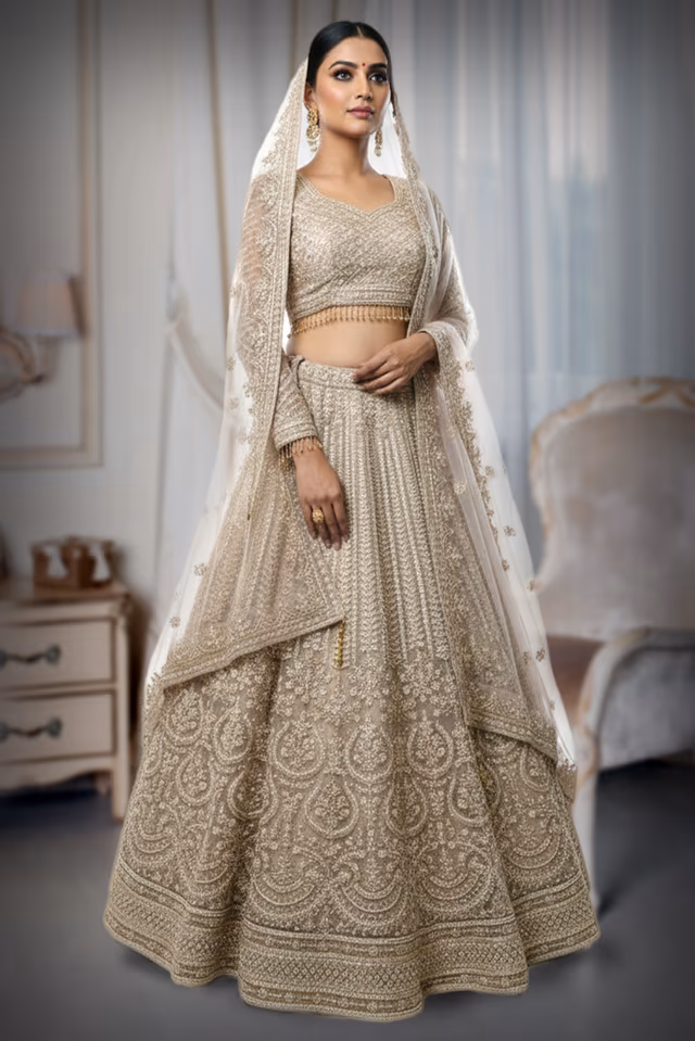 Heavy Champagne Gold Lehenga with Intricate Embroidery and Stone Work — back view, rent in Kochi