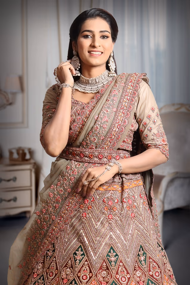 Chikku colour multicolour  heavy embroidery and sequins work lehenga — rent in Bangalore