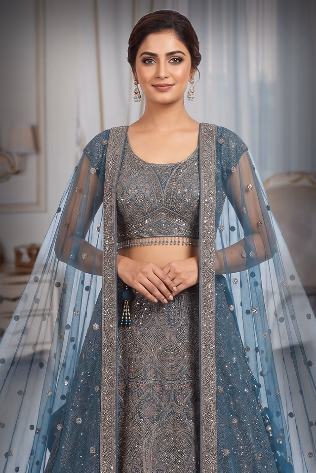 Cobalt Blue Heavy Handworked Bridal Lehenga With Golden Embellishments All Over The body And Beads… — rent in Calicut