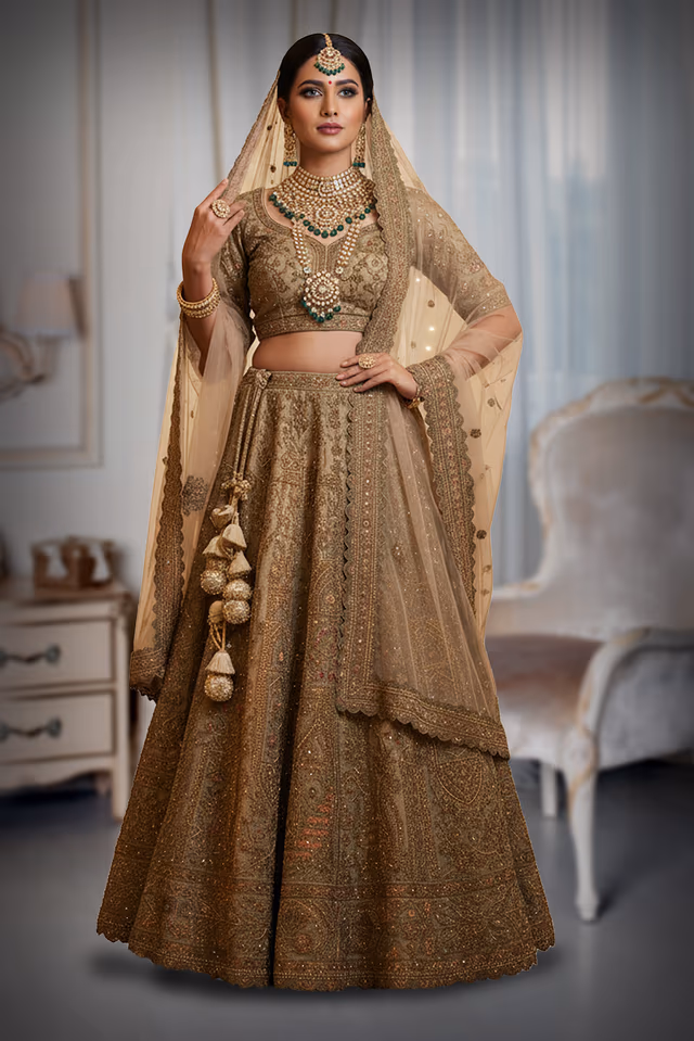 Copper Gold Heavily Embellished Bridal Lehenga with Tassel Detail — back view, rent in Kochi