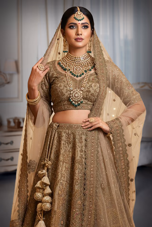 Copper Gold Heavily Embellished Bridal Lehenga with Tassel Detail — rent in Kochi