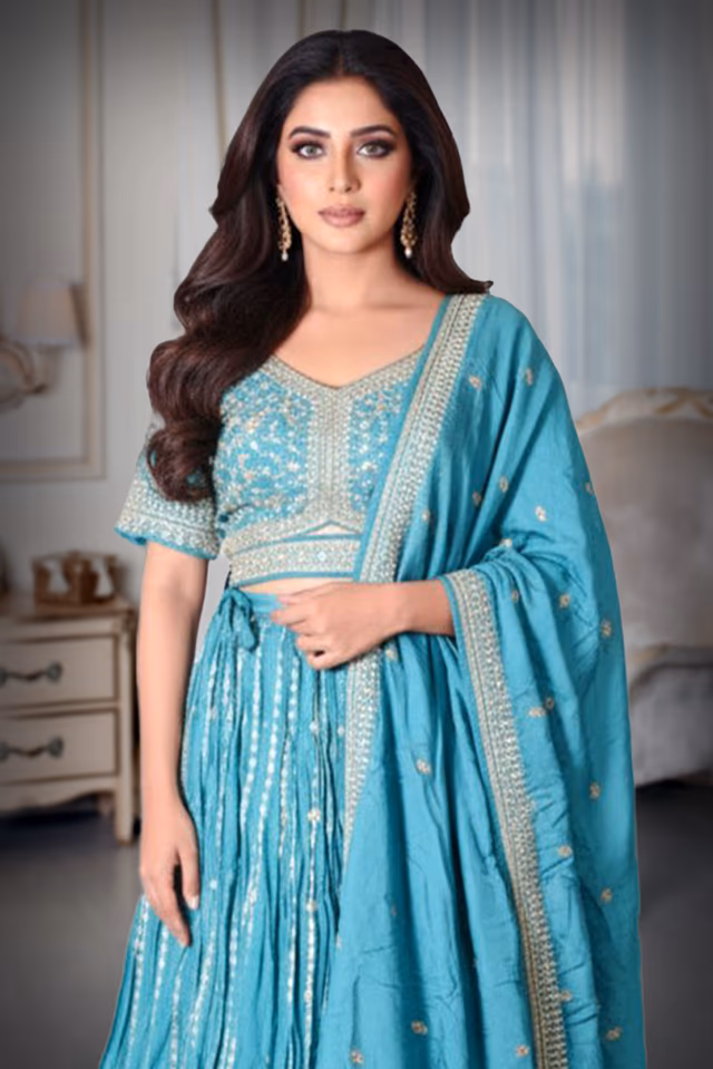Cyan Blue Silk Lehenga With Intricate Golden Handwork Details In Skirt And Top Along With Same Color… — rent in Calicut