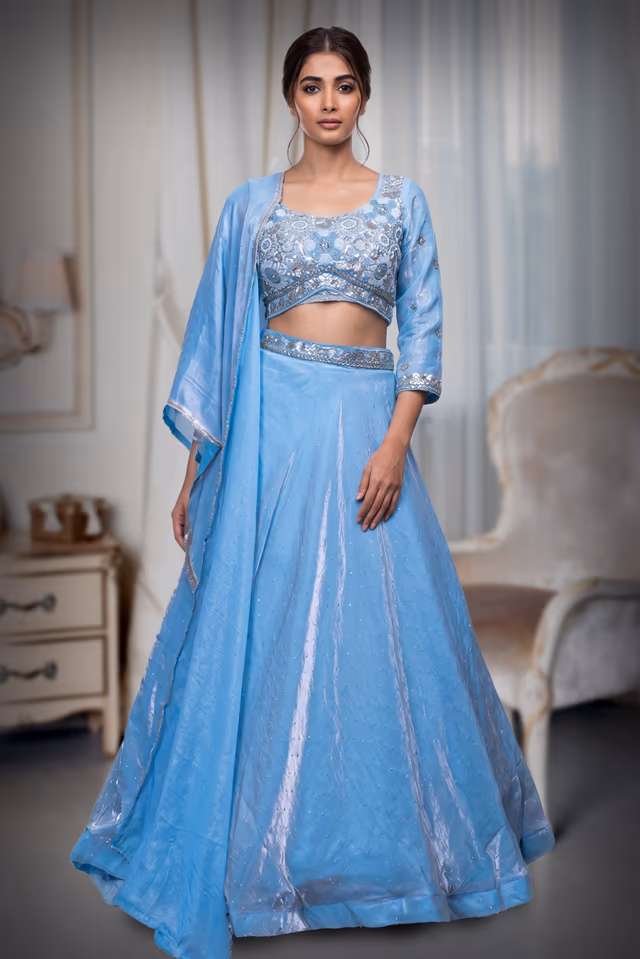 Cyan Blue Tissue Silk Crop Top Lehenga With Elegant Handwork Details — back view, rent in Coimbatore