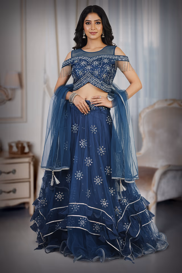 Dark Blue Contemperay Lehenga — back view, rent in Bangalore