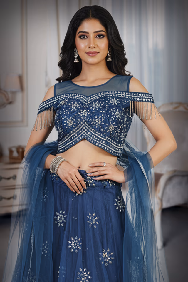Dark Blue Contemperay Lehenga — rent in Bangalore