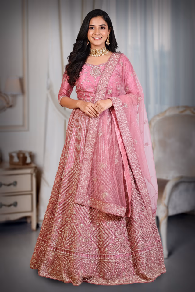Dark Coral Pink Lehenga With Intricate Golden Handwork Details In Skirt And Top Along With… — back view, rent in Calicut