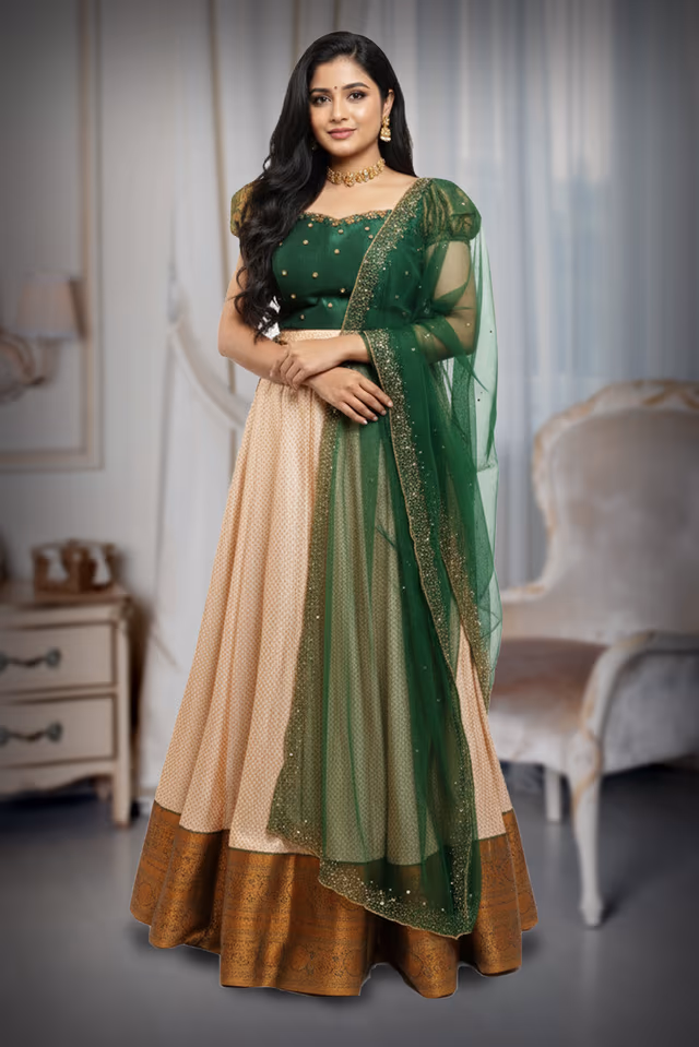 Dark green top and cream golden skirt taditional lehenga with simple zari work details — back view, rent in Kochi