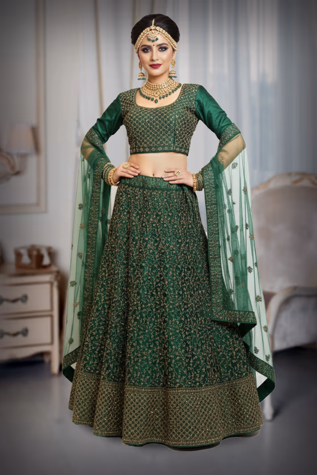Dark Green Velvet Lehenga Skirt with Gold Zardozi and Sequin Embroidery. — back view, rent in Kochi