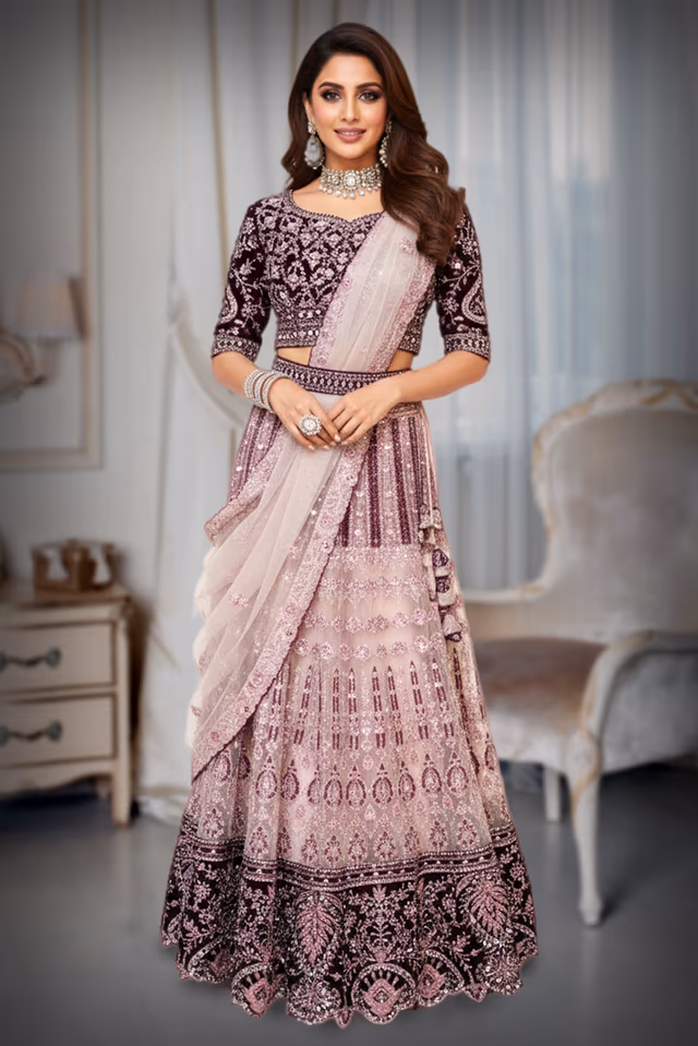 Dark lavendar lehenga with netted self work — back view, rent in Bangalore