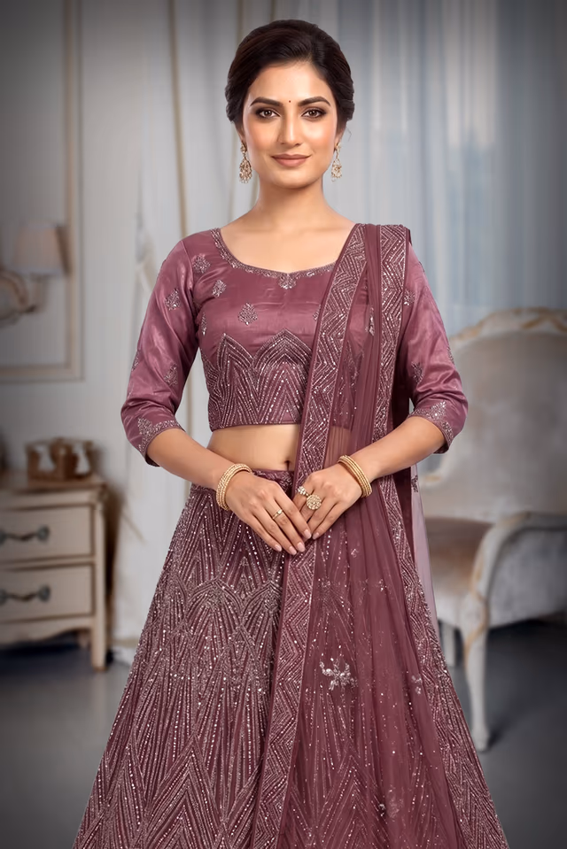 Dark Lavender Net Lehenga With Stone Work Details And Same Color Dupatta — rent in Coimbatore