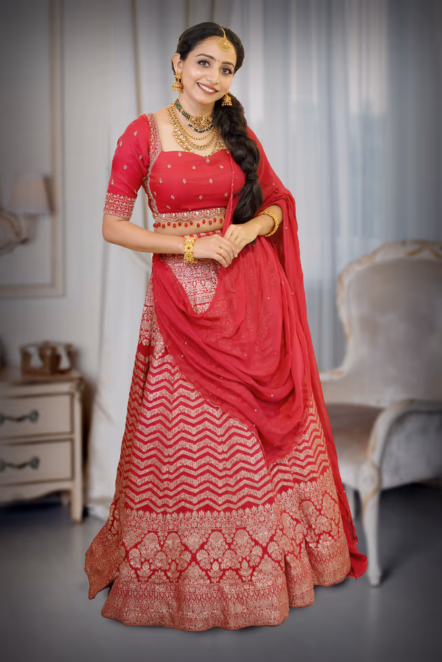 Dark Majentha Pre Wedding Lehenga With Microprint Detailed Skirt, Handworked Top And Same… — back view, rent in Calicut