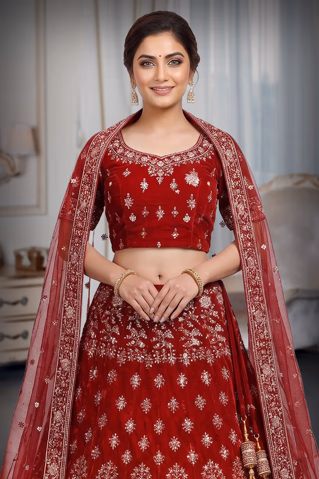 Dark Maroon Handworked Lehenga With Detailed Zari Work and Embroidery Paired With Blouse and Dupatta In… — rent in Calicut