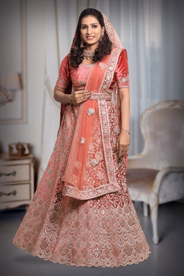 Dark Peach thread work lehenga — back view, rent in Coimbatore