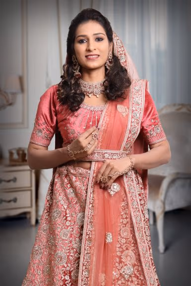 Dark Peach thread work lehenga — rent in Coimbatore