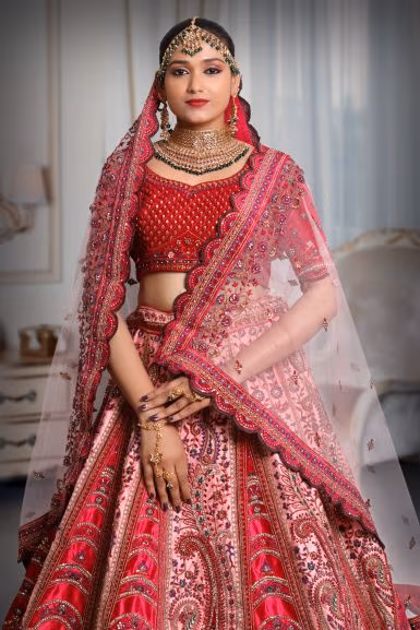 Dark pink &  light pink heavy embroidery velvet lehenga — rent in Bangalore