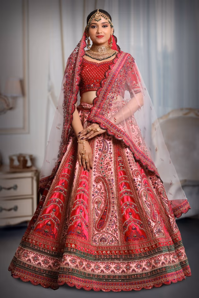 Dark pink &  light pink heavy embroidery velvet lehenga — back view, rent in Bangalore