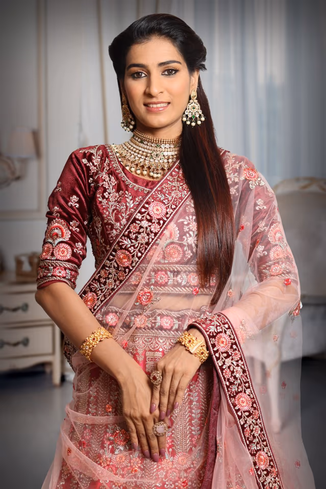 Dark pink & Maroon combination heavy embroidery lehenga — rent in Bangalore