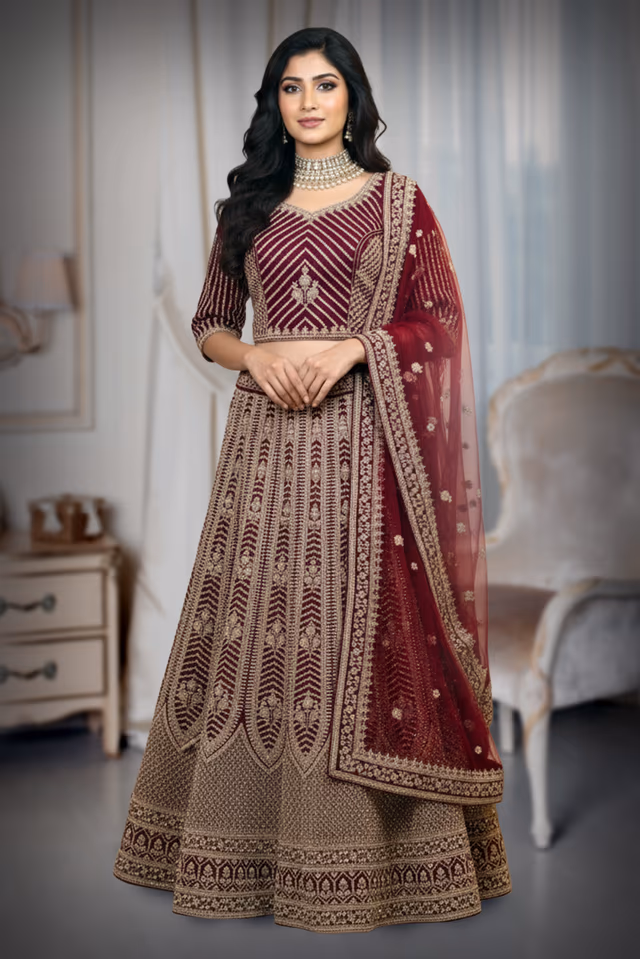 Dark Purple Heavy Embellished Bridal Lehenga With Golden Stone Details On Skirt , Crop Top And… — back view, rent in Calicut