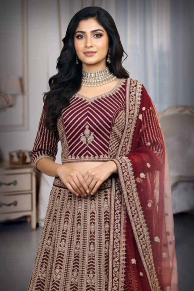 Dark Purple Heavy Embellished Bridal Lehenga With Golden Stone Details On Skirt , Crop Top And Dupatta — rent in Calicut