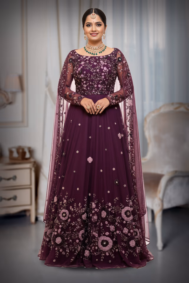 Dark purple elegant lehenga with zari and embroidery work details — back view, rent in Kochi