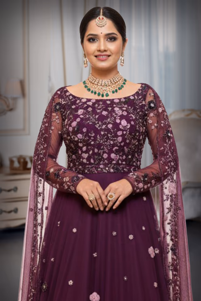 Dark purple elegant lehenga with zari and embroidery work details — rent in Kochi