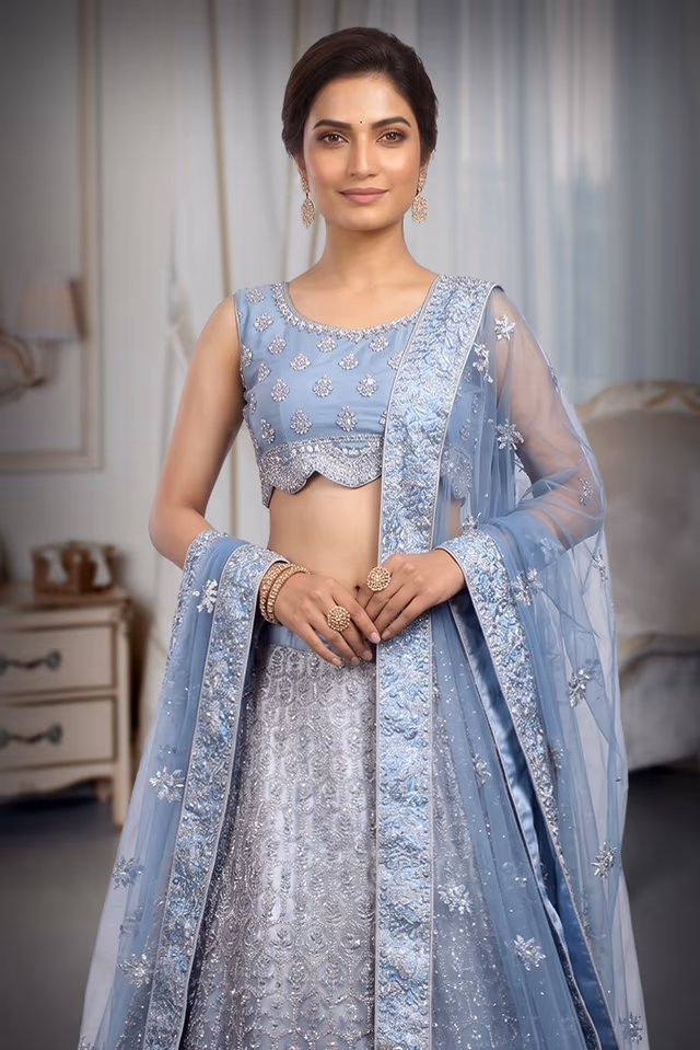 Dark Grey Stone Worked Lehenga With Stone Work Detailing And Same Color Dupatta — rent in Calicut