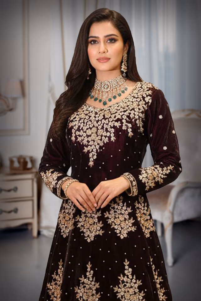Dark Wine Velvet Anarkali Gown with Golden Zardozi Embroidery — rent in Kochi