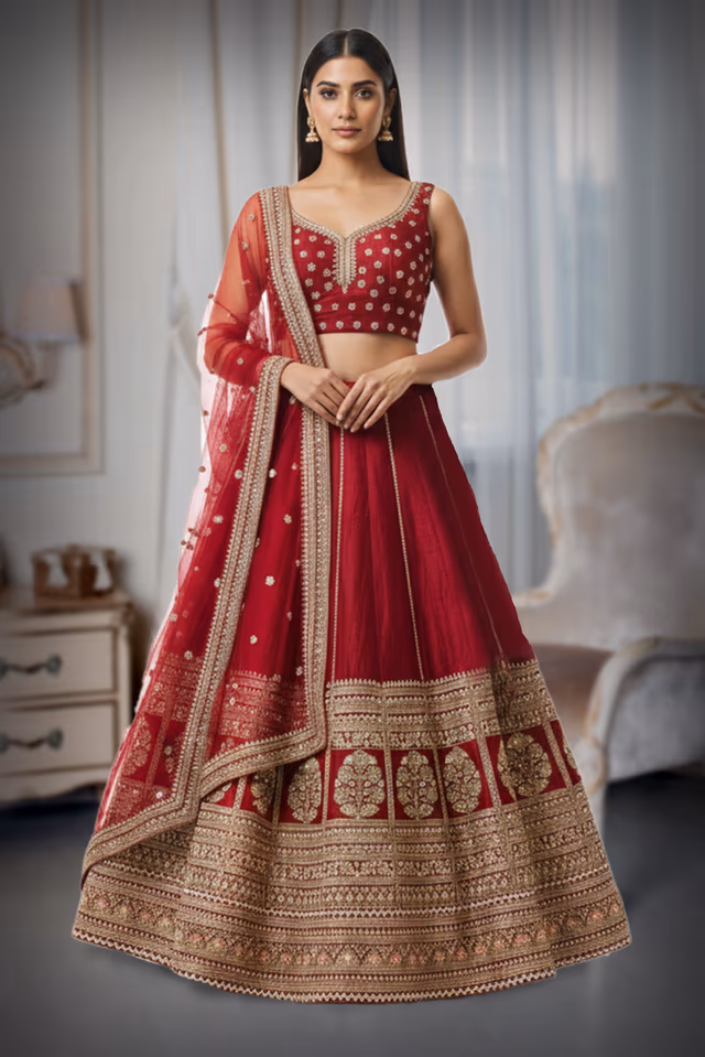 Deep Crimson Silk Kalidar Lehenga with Gold Zari Panel Borders and Floral Butas. — back view, rent in Kochi