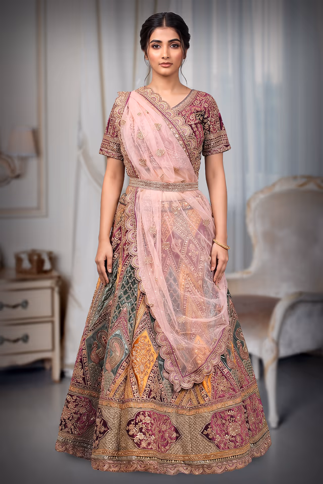 Deep Magenta, Peach Pink, Gold, Emerald Green & Burnt Orange Traditional Bridal Lehenga… — back view, rent in Bangalore