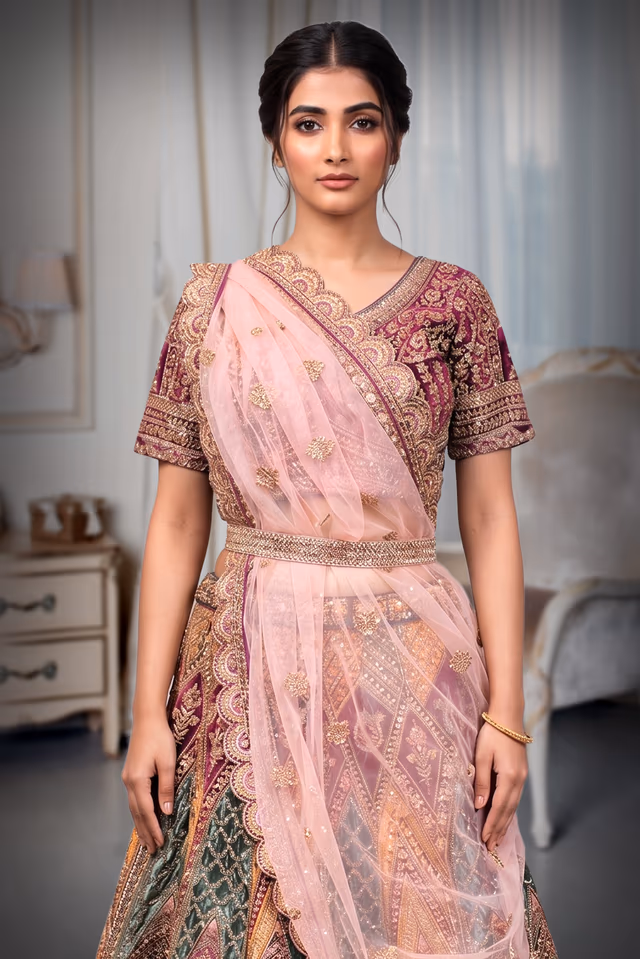 Deep Magenta, Peach Pink, Gold, Emerald Green & Burnt Orange Traditional Bridal Lehenga Choli with… — rent in Bangalore