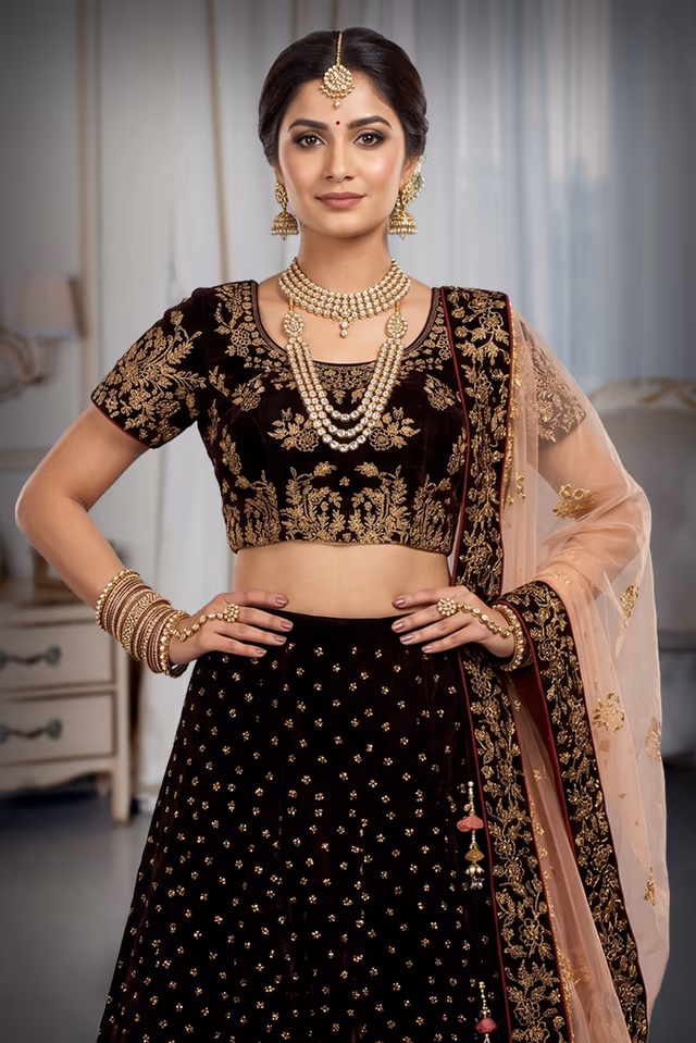 Deep Maroon Heavy Bridal Lehenga, With Blush Pink Dupatta — rent in Bangalore